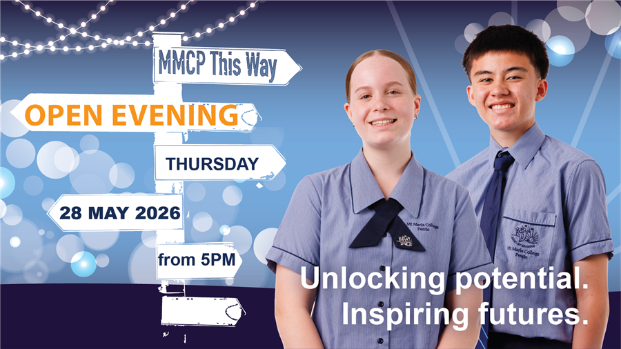 Students smiling with Open Evening information in the background